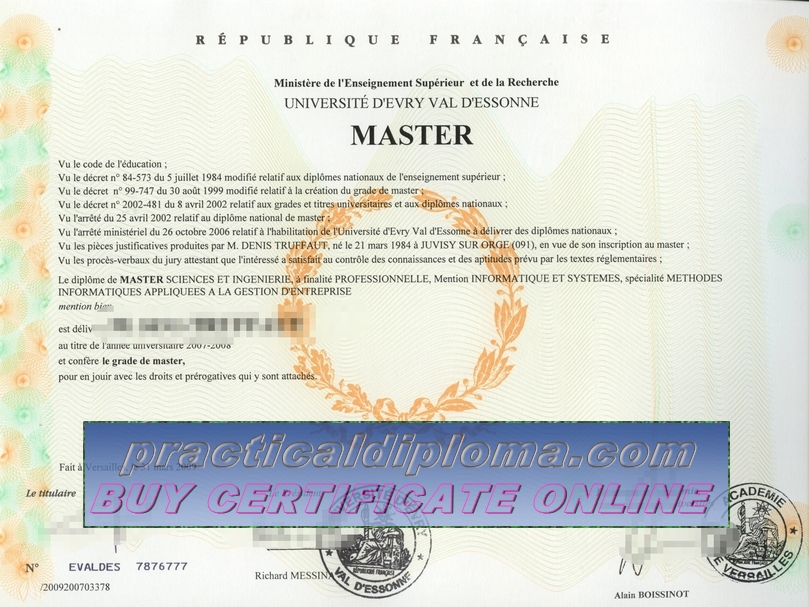  Purchase phony Université dEvry Val dEssonne Diploma